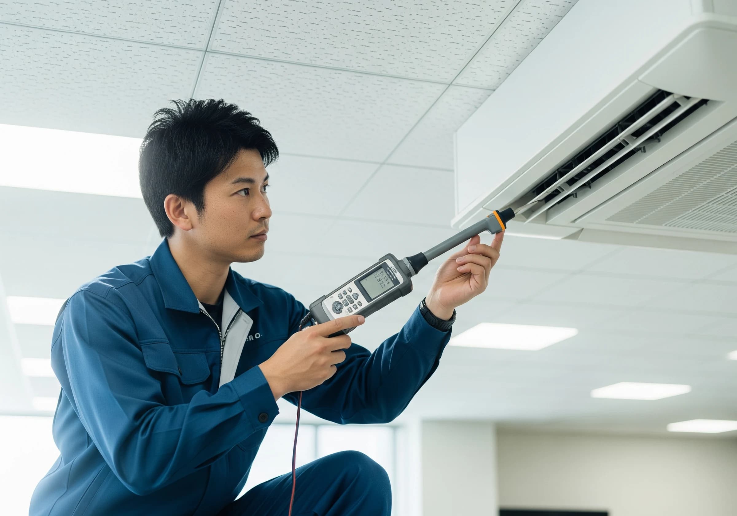 測定器で空調設備を診断するスタッフ