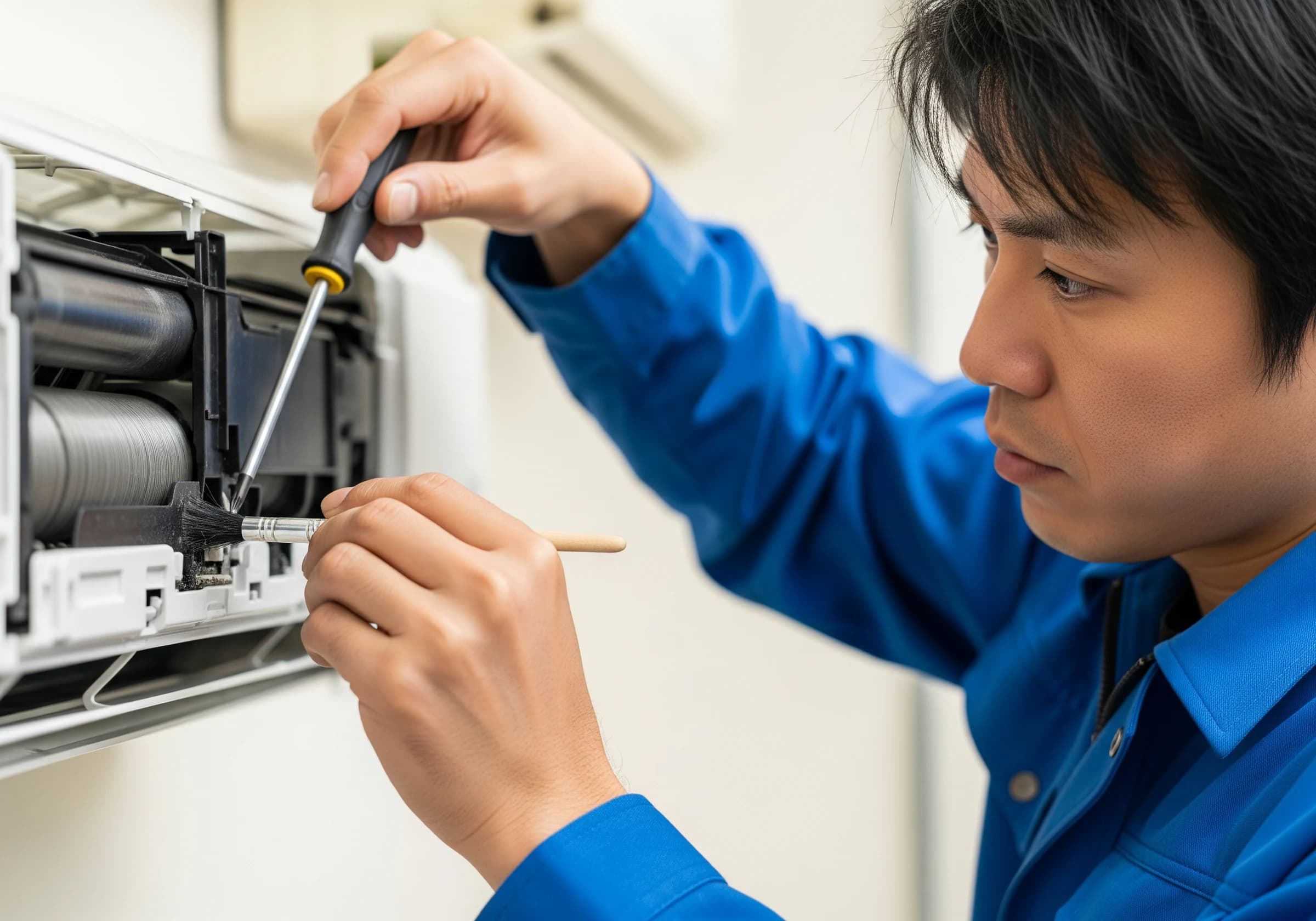 空調設備の内部を整備するスタッフの手元
